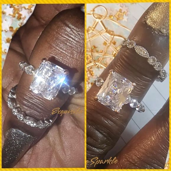 💍Stunning 18k White GP 2 Piece Radiant Cut Diamond Bridal Set - Picture 12 of 15